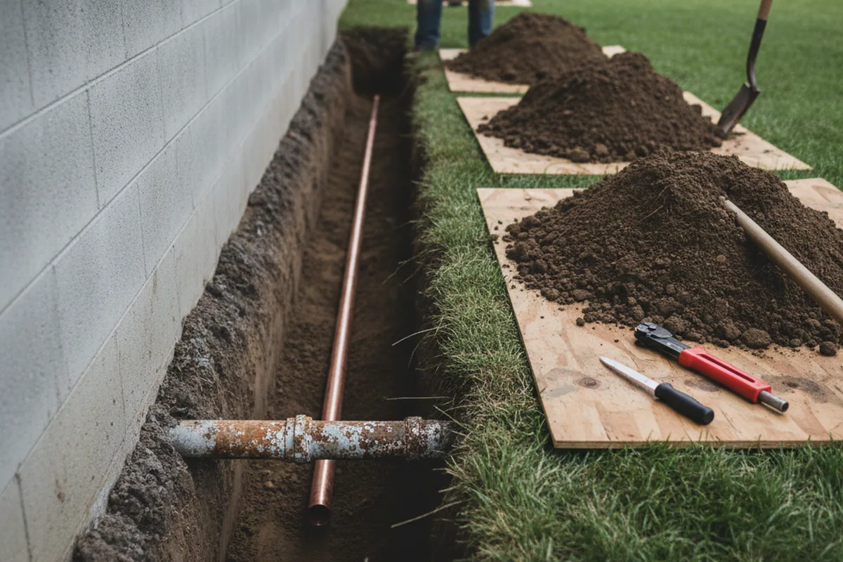 Excavated water line trench during Water Heater Repair in Maiden